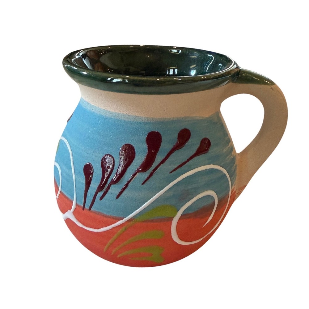 Mexican Hand Painted Pottery Mug Clay Jarrito Blue Terracotta Folk Art Decor